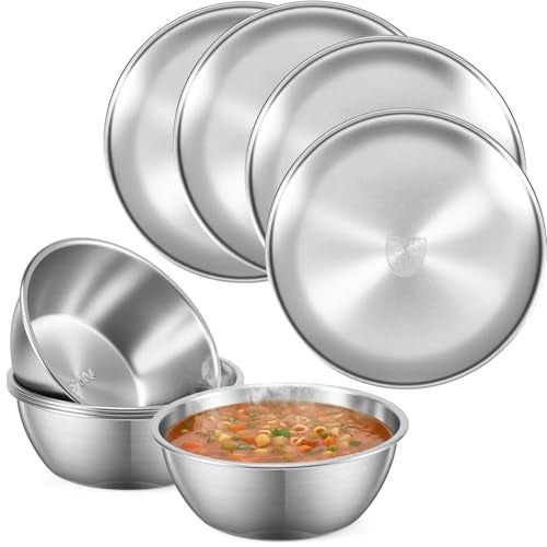 Teecyhooo 304 Stainless Steel Plates and Bowls Sets 9 Inch Metal Camping Plates Reusable 20oz Steel Snack Bowls Feeding Serving Dinner Dishes for Adult Girls Boys - Image 1