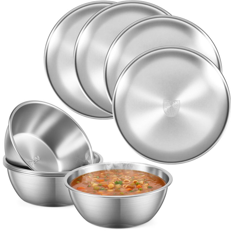 Teecyhooo 304 Stainless Steel Plates and Bowls Sets 9 Inch Metal Camping Plates Reusable 20oz Steel Snack Bowls Feeding Serving Dinner Dishes for Adult Girls Boys - Image 2