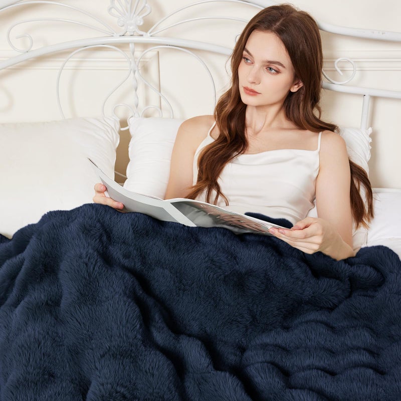 Admitrack Faux Rabbit Fur Throw Blanket for Couch  Fluffy Warm Plush Thick Bubble Blanket for Bed Sofa Living Room  Soft Cozy Furry Blanket  50x60 inches  Navy Blue - Image 2