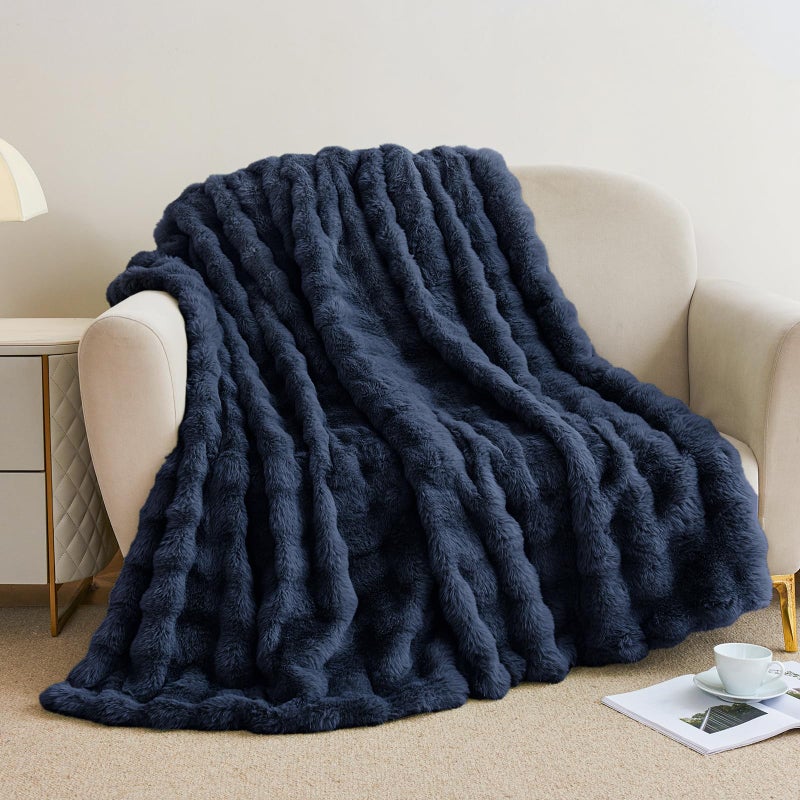 Admitrack Faux Rabbit Fur Throw Blanket for Couch  Fluffy Warm Plush Thick Bubble Blanket for Bed Sofa Living Room  Soft Cozy Furry Blanket  50x60 inches  Navy Blue - Image 5