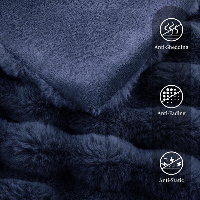 Admitrack Faux Rabbit Fur Throw Blanket for Couch  Fluffy Warm Plush Thick Bubble Blanket for Bed Sofa Living Room  Soft Cozy Furry Blanket  50x60 inches  Navy Blue - Image 3