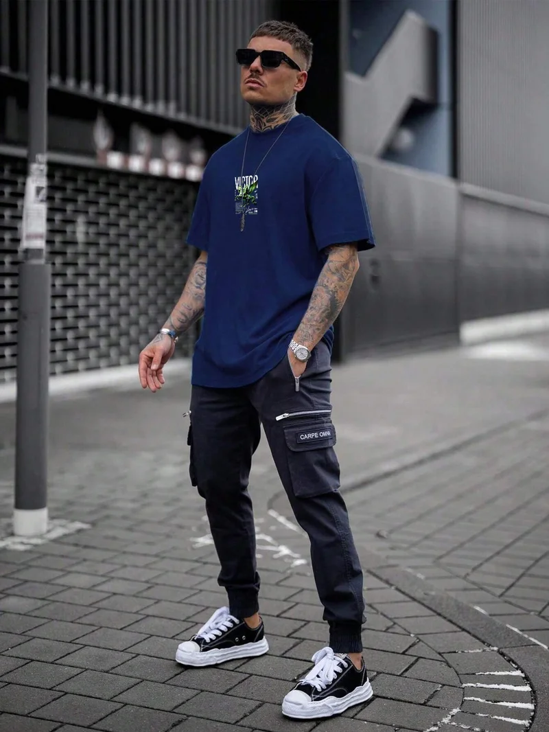 DogFish Oversize Printed Navy Blue Casual T-Shirt 100% Cotton