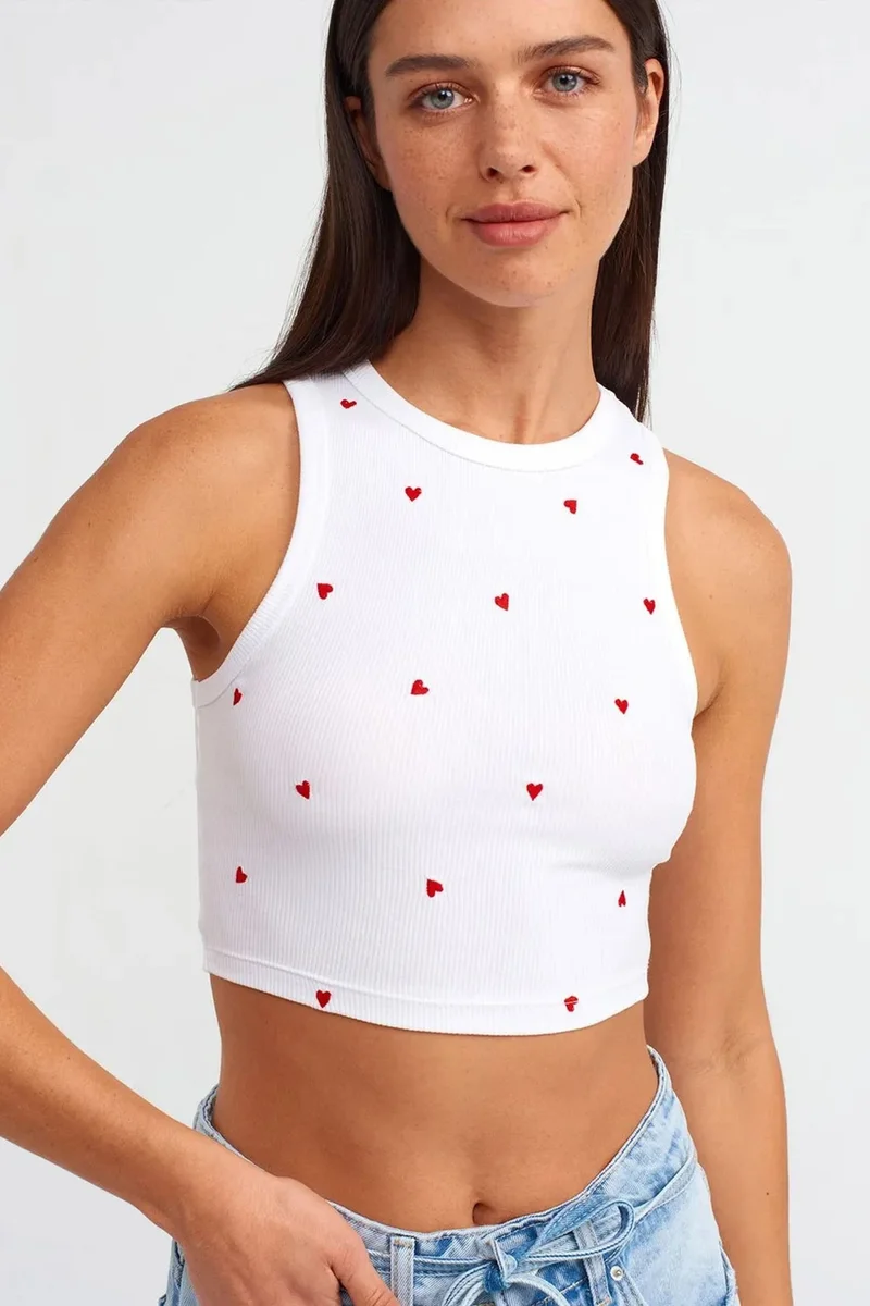 Dilvin White DILVIN Women's Ribbed Heart Embroidered Crop Top for Women | Best Price UAE