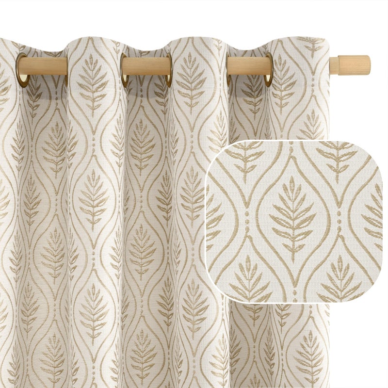 BGment Mocha Linen Curtains for Living Room, French Country Leaf Jacquard Botanical Pattern Cottage Core Boho Vintage Grommet Light Filtering Semi Sheer Linen Curtains, 2 Panels, 52 x 84 Inch - Image 1