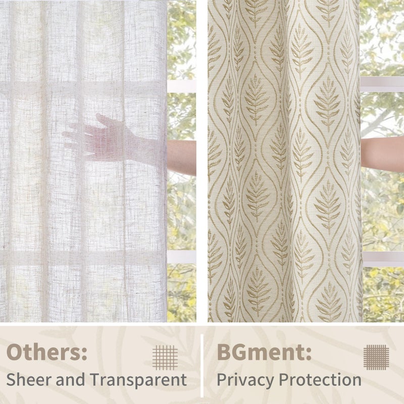 BGment Mocha Linen Curtains for Living Room, French Country Leaf Jacquard Botanical Pattern Cottage Core Boho Vintage Grommet Light Filtering Semi Sheer Linen Curtains, 2 Panels, 52 x 84 Inch - Image 5