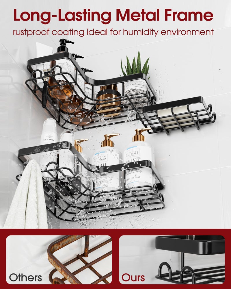 Sakugi Corner Shower Caddy - 3-Pack Shower Organizer with Soap Holder & Built-In Hooks, Rustproof Metal Shower Shelves, Laundry, Kitchen, Bathroom Organizers and Storage Solution, Large, Black - Image 4