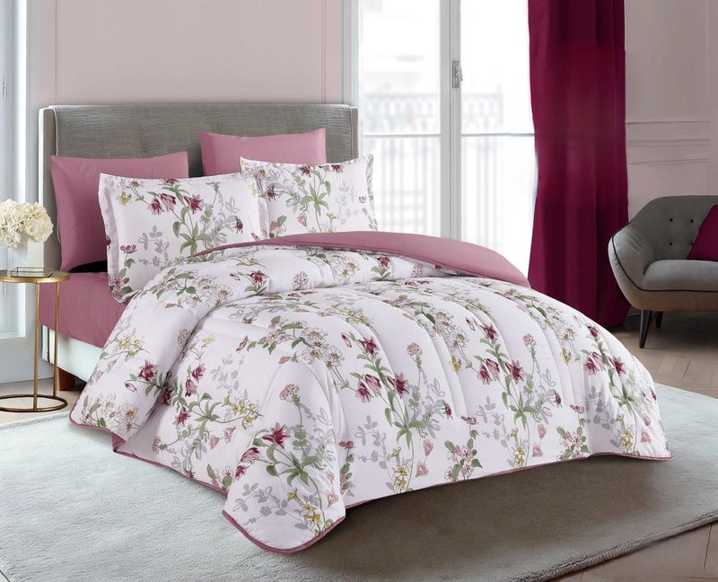 Happymoon Floral Microfiber Comforter Bedding Set 6 Pieces Luxury Soft Comforter Set with Fitted Sheet & Pillow Shams, 250x230 cm Lightweight Breathable Snap Closure Bed Set