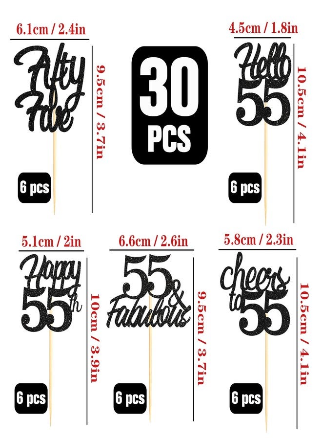 Sotpot 30 Pack 55th Birthday Cupcake Toppers Hello 55 Cheers to 55 Years Cupcake Picks for 55th Birthday Anniversary Party Cake Decorations Black Glitter - Image 2