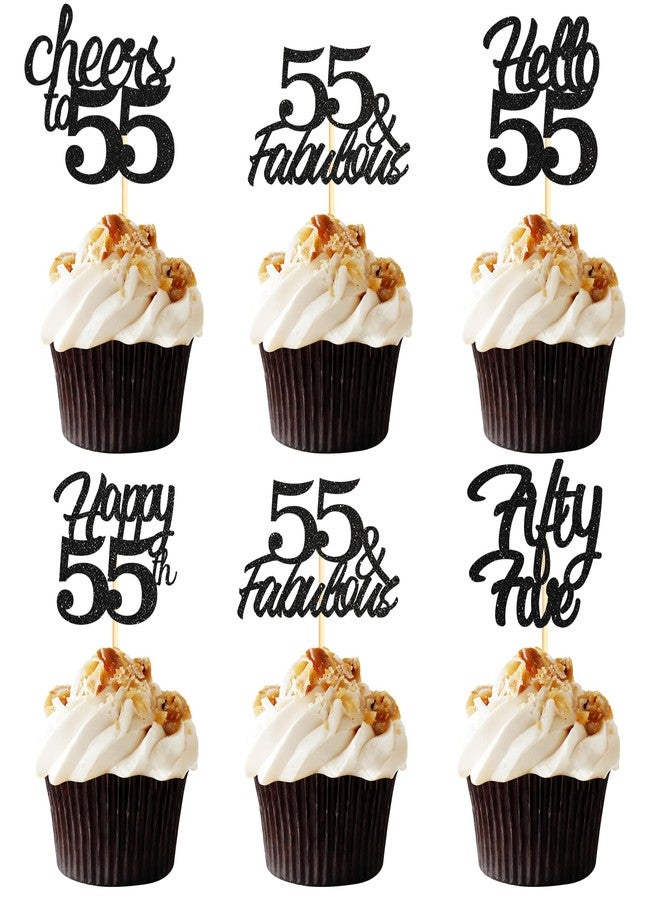Sotpot 30 Pack 55th Birthday Cupcake Toppers Hello 55 Cheers to 55 Years Cupcake Picks for 55th Birthday Anniversary Party Cake Decorations Black Glitter - Image 1