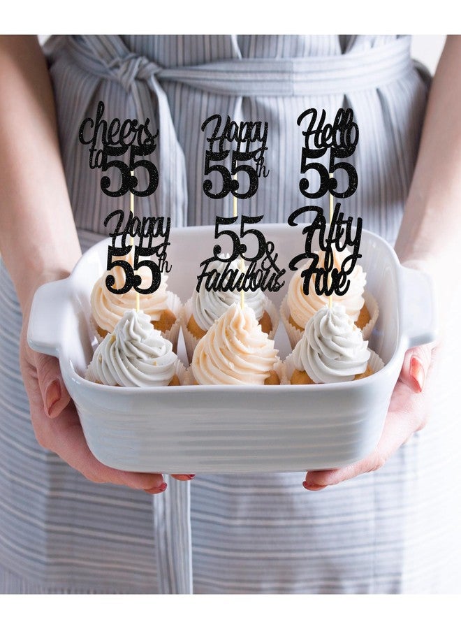 Sotpot 30 Pack 55th Birthday Cupcake Toppers Hello 55 Cheers to 55 Years Cupcake Picks for 55th Birthday Anniversary Party Cake Decorations Black Glitter - Image 5