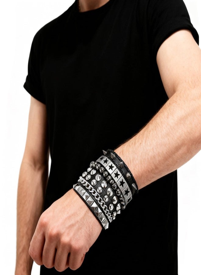 Tosmifairy 4Pcs/Set Fashion Street Hip Hop Leather Studded Cuff Bracelets Multiple Wristbands Bangle Emo Acceossries for 80s Punk Rock Concert Outfit (Stars Studded + Spiked) - Image 3