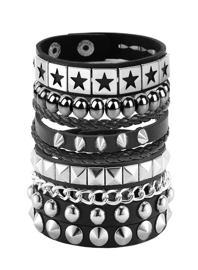 Tosmifairy 4Pcs/Set Fashion Street Hip Hop Leather Studded Cuff Bracelets Multiple Wristbands Bangle Emo Acceossries for 80s Punk Rock Concert Outfit (Stars Studded + Spiked) - Image 1