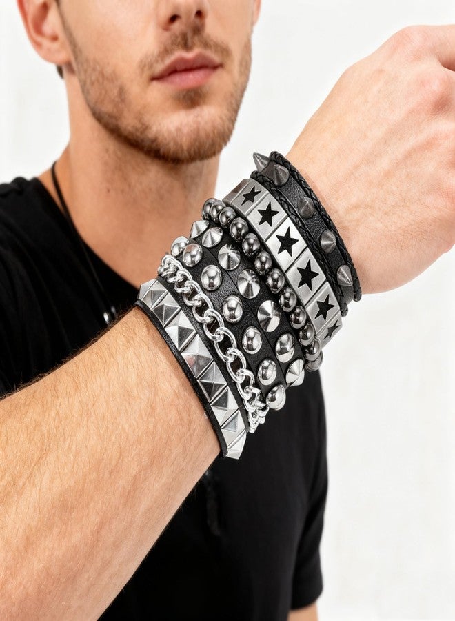 Tosmifairy 4Pcs/Set Fashion Street Hip Hop Leather Studded Cuff Bracelets Multiple Wristbands Bangle Emo Acceossries for 80s Punk Rock Concert Outfit (Stars Studded + Spiked) - Image 2