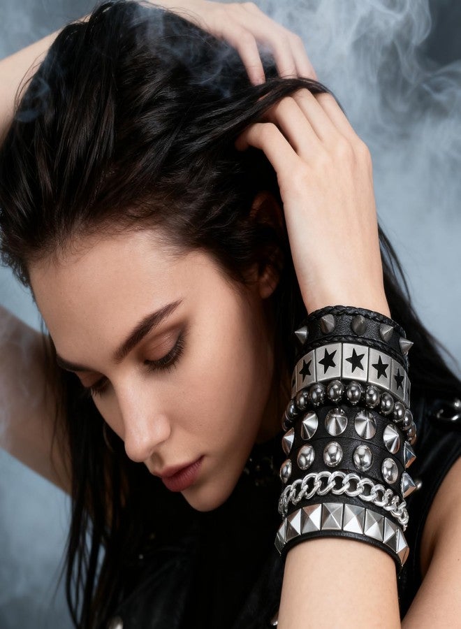 Tosmifairy 4Pcs/Set Fashion Street Hip Hop Leather Studded Cuff Bracelets Multiple Wristbands Bangle Emo Acceossries for 80s Punk Rock Concert Outfit (Stars Studded + Spiked) - Image 4