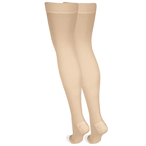 NuVein Medical Compression Stockings, 20-30 mmHg Support, Women & Men Thigh Length Hose, Open Toe, Light Beige, 2X-Large - Image 4