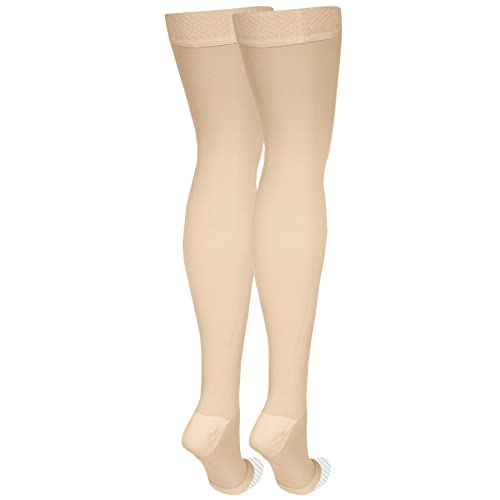 NuVein Medical Compression Stockings, 20-30 mmHg Support, Women & Men Thigh Length Hose, Open Toe, Light Beige, 2X-Large - Image 5