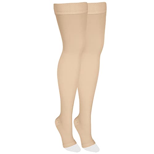 NuVein Medical Compression Stockings, 20-30 mmHg Support, Women & Men Thigh Length Hose, Open Toe, Light Beige, 2X-Large - Image 2
