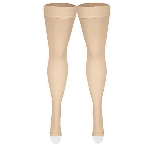 NuVein Medical Compression Stockings, 20-30 mmHg Support, Women & Men Thigh Length Hose, Open Toe, Light Beige, 2X-Large - Image 3