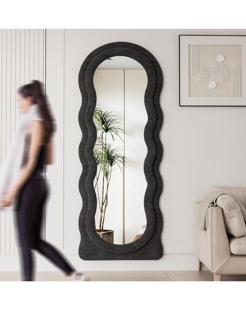 Vphom Full-Length Floor Mirror with Stand, 160x60 cm Irregular Wavy Mirror, Flannel-Wrapped Wooden Frame Black, Wall-Mounted Standing Full-Body Mirror for Bedroom, Living Room, Dressing Room - Image 4