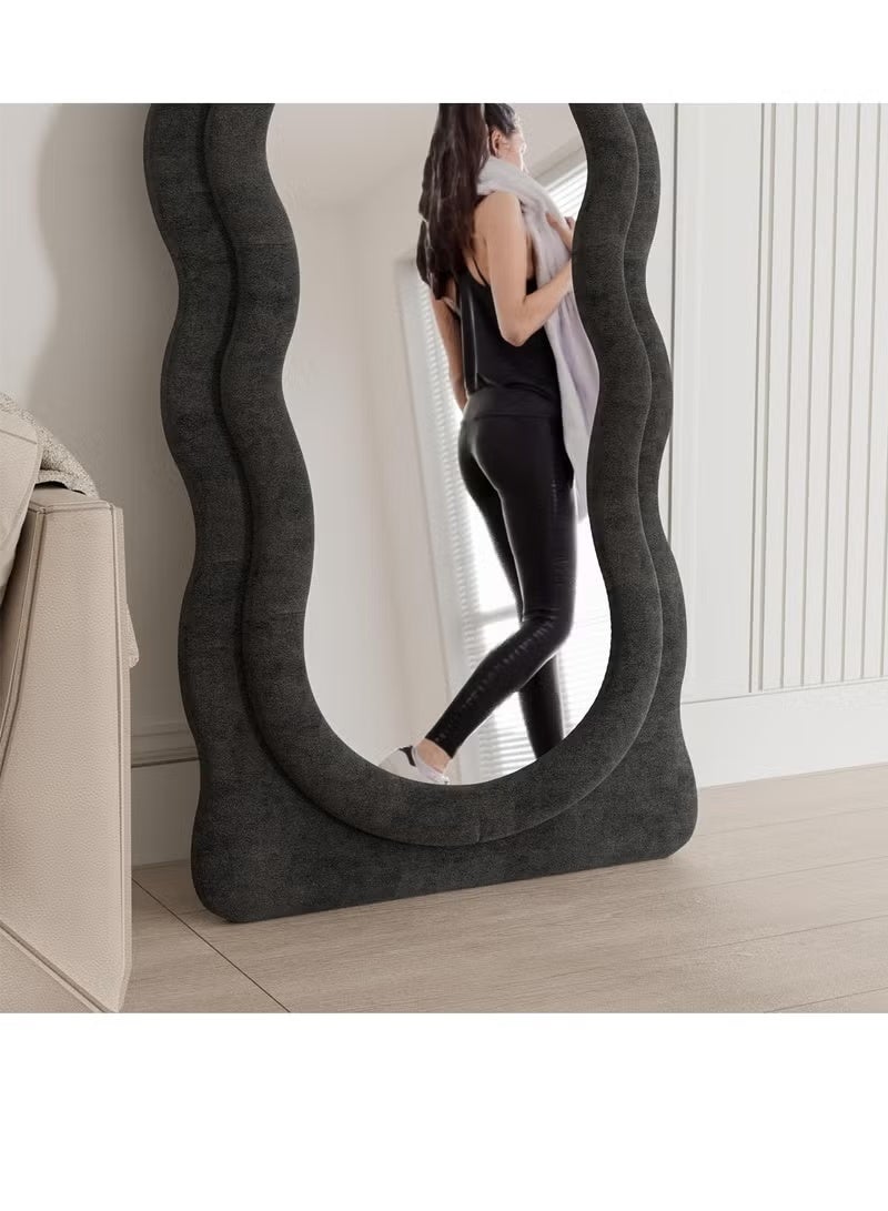 Vphom Full-Length Floor Mirror with Stand, 160x60 cm Irregular Wavy Mirror, Flannel-Wrapped Wooden Frame Black, Wall-Mounted Standing Full-Body Mirror for Bedroom, Living Room, Dressing Room - Image 5