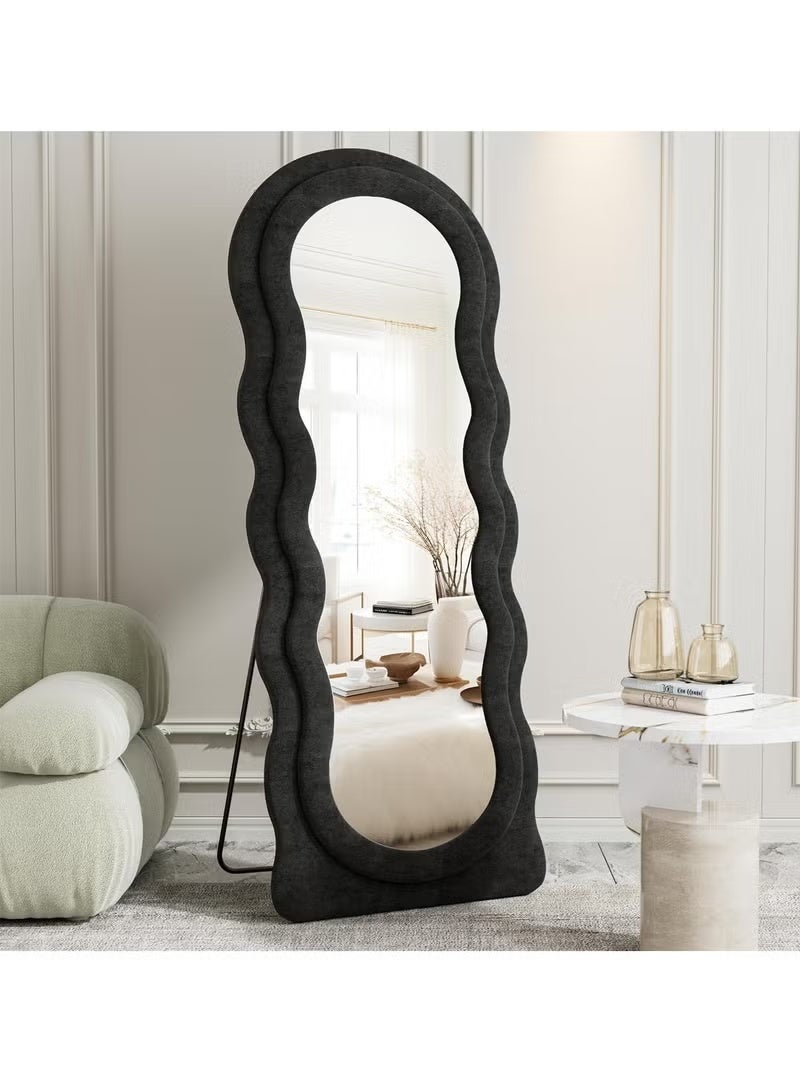 Vphom Full-Length Floor Mirror with Stand, 160x60 cm Irregular Wavy Mirror, Flannel-Wrapped Wooden Frame Black, Wall-Mounted Standing Full-Body Mirror for Bedroom, Living Room, Dressing Room - Image 3