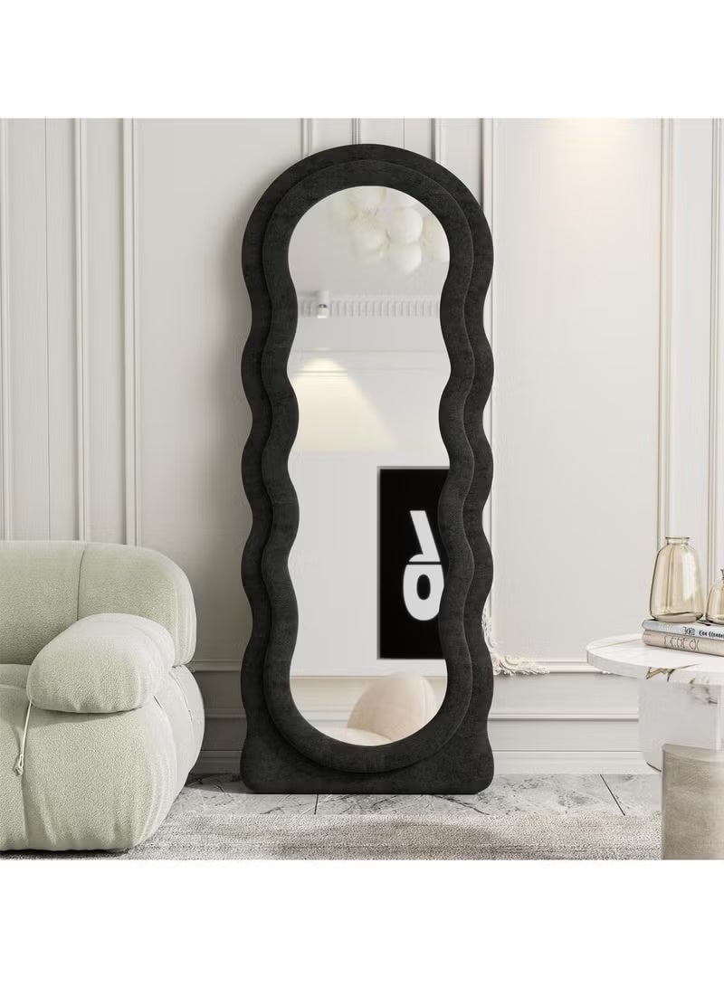 Vphom Full-Length Floor Mirror with Stand, 160x60 cm Irregular Wavy Mirror, Flannel-Wrapped Wooden Frame Black, Wall-Mounted Standing Full-Body Mirror for Bedroom, Living Room, Dressing Room - Image 2