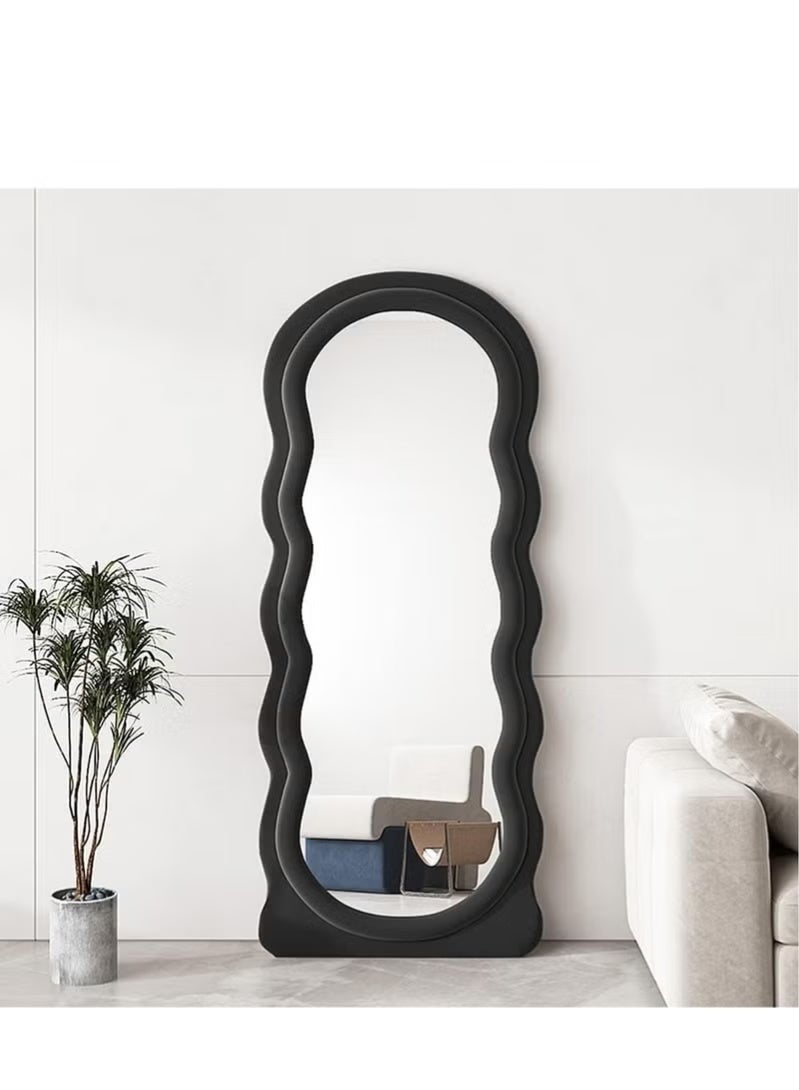 Vphom Full-Length Floor Mirror with Stand, 160x60 cm Irregular Wavy Mirror, Flannel-Wrapped Wooden Frame Black, Wall-Mounted Standing Full-Body Mirror for Bedroom, Living Room, Dressing Room - Image 1