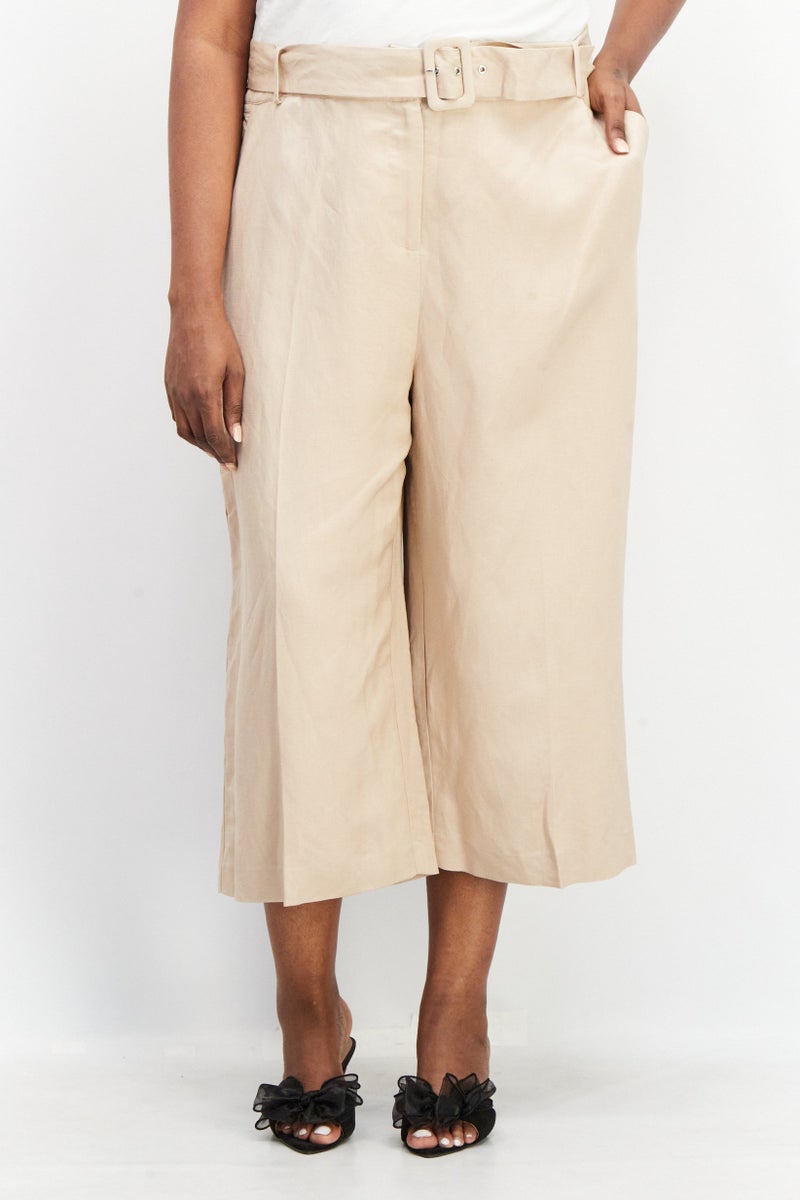 forever new Women Curve Fit Solid Belted Wide Leg Pants, Beige - Image 1