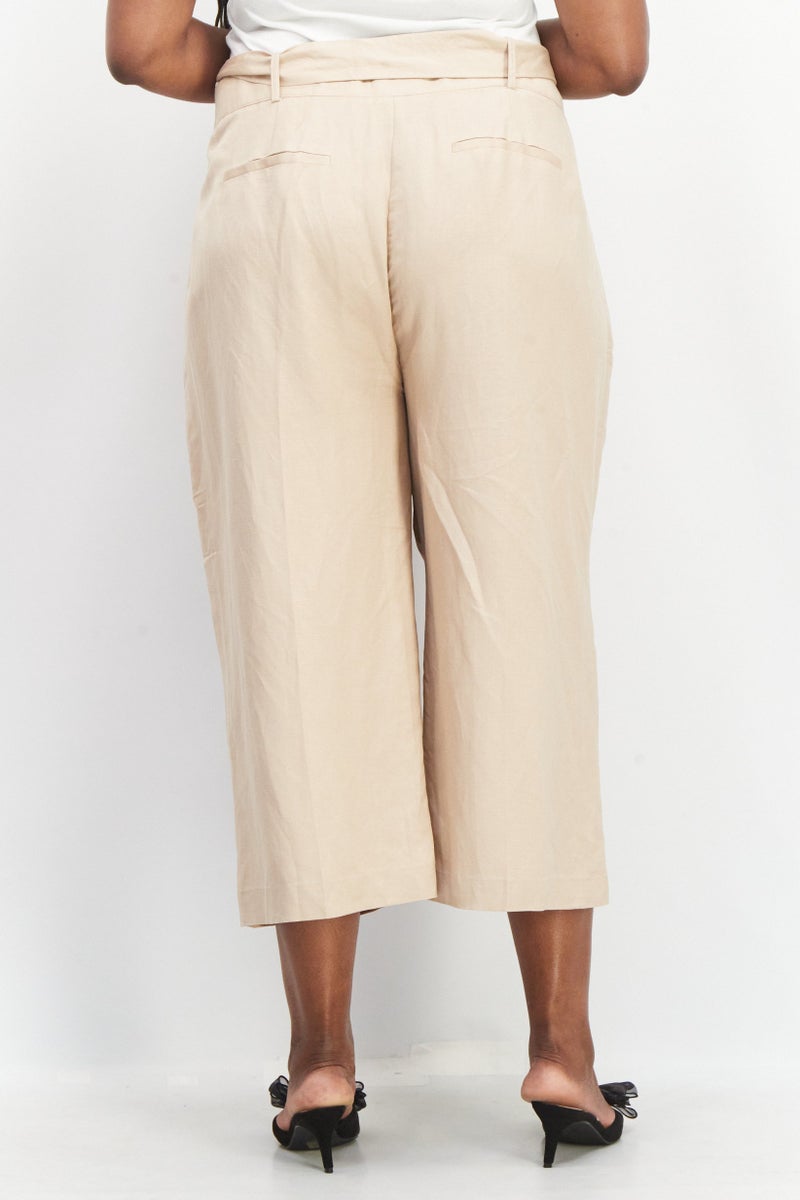 forever new Women Curve Fit Solid Belted Wide Leg Pants, Beige - Image 3