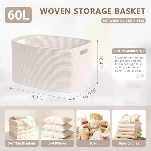 SunNewt 60L Small Baby Girls Laundry Basket for Nursery Storage,Cute Woven cotton Rope Baskets for Kids Toy，Gifts,Boho Square Wicker Blanket hamper for Living Room,Bedroom Dirty Clothes, White - Image 2