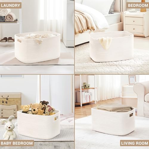 SunNewt 60L Small Baby Girls Laundry Basket for Nursery Storage,Cute Woven cotton Rope Baskets for Kids Toy，Gifts,Boho Square Wicker Blanket hamper for Living Room,Bedroom Dirty Clothes, White - Image 5