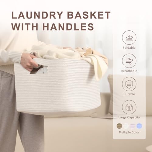 SunNewt 60L Small Baby Girls Laundry Basket for Nursery Storage,Cute Woven cotton Rope Baskets for Kids Toy，Gifts,Boho Square Wicker Blanket hamper for Living Room,Bedroom Dirty Clothes, White - Image 4