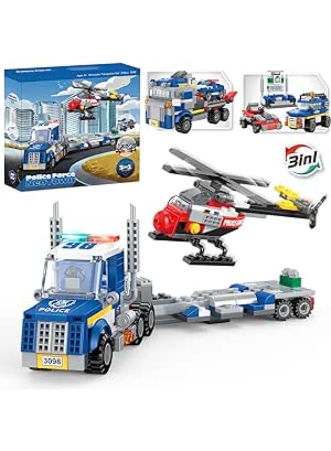 COGO COGO MAN 3098 3in1 City Police Building Set, Police Car Transporter Building Toys, Police Truck with Trailer & Rescue Helicopter, Police Chase Building Kit, Gift for Boys Kids Aged 6-12, 249 PCS 