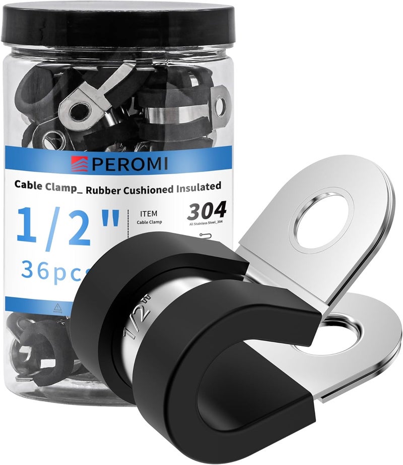 PEROMI 36PCS 1/2" Double Cable Clamps 304 Stainless Steel with Upgraded Riveted Reinforcement. Rubber Cushioned Insulated Loop Clamps for Pipe and Metal Wire - Image 1