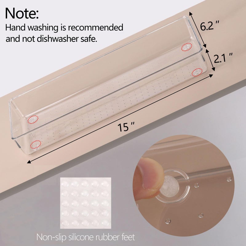 Ohlove 6 Pcs Large Clear Plastic Drawer Organizers Tray 15" x 6.3" Storage Bins with 25 Pcs Non-Slip Pads for Makeup, Jewelries, Kitchen Utensils, Bathroom and Office - Image 3