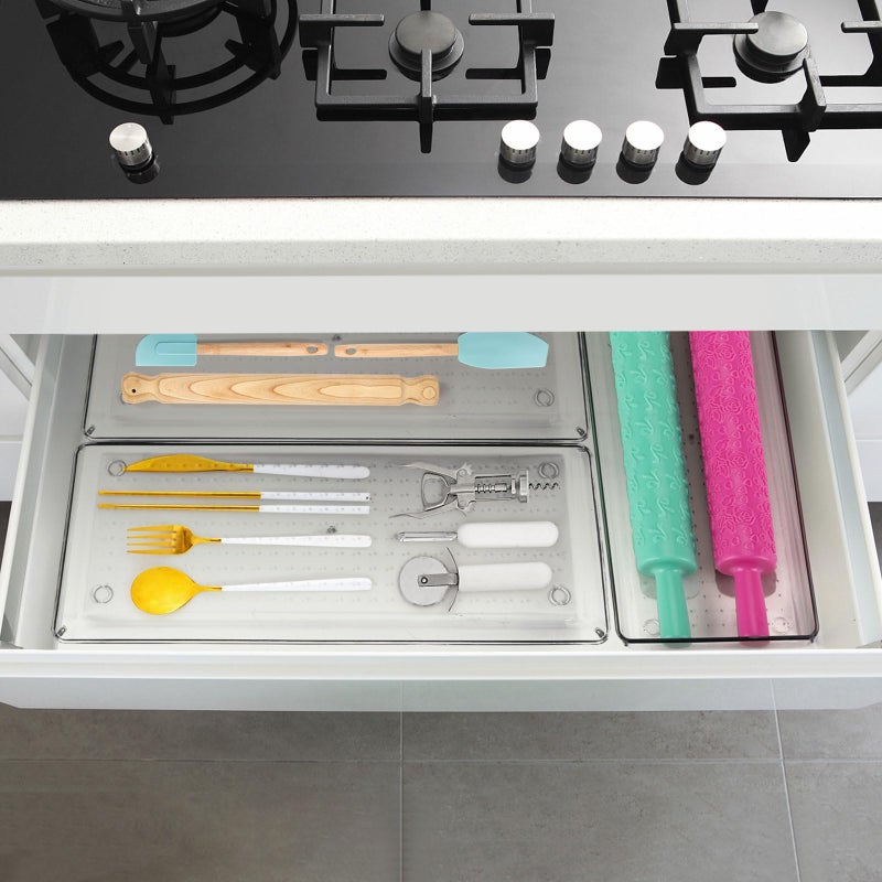 Ohlove 6 Pcs Large Clear Plastic Drawer Organizers Tray 15" x 6.3" Storage Bins with 25 Pcs Non-Slip Pads for Makeup, Jewelries, Kitchen Utensils, Bathroom and Office - Image 4