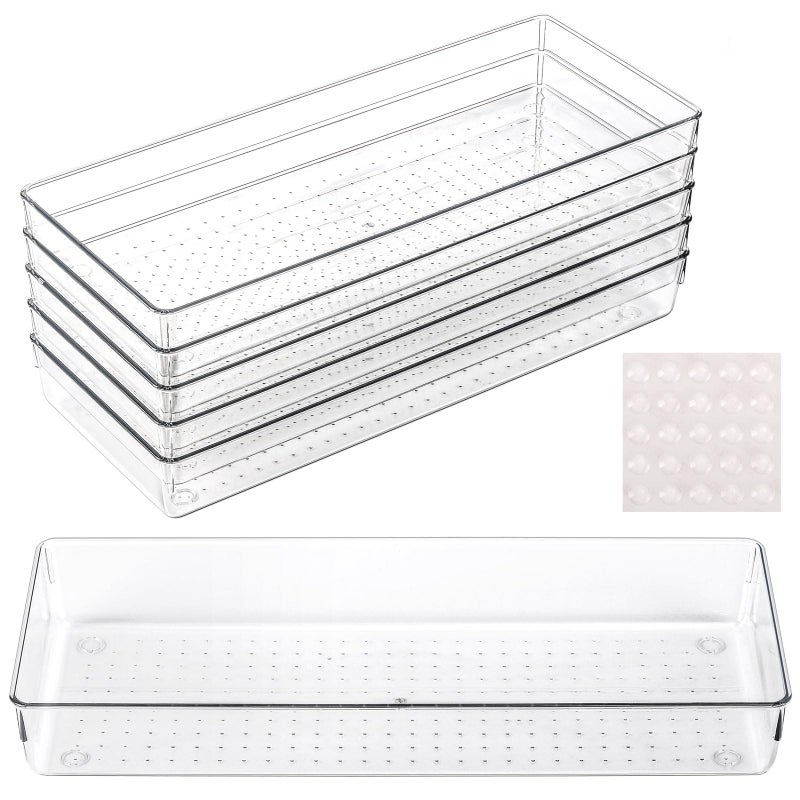 Ohlove 6 Pcs Large Clear Plastic Drawer Organizers Tray 15" x 6.3" Storage Bins with 25 Pcs Non-Slip Pads for Makeup, Jewelries, Kitchen Utensils, Bathroom and Office - Image 1