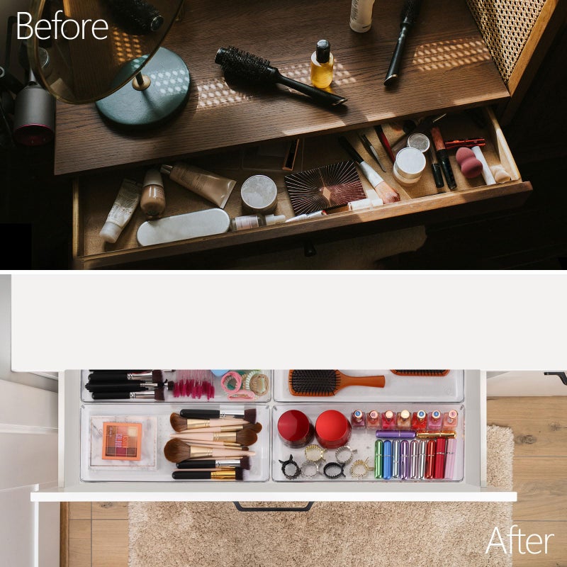 Ohlove 6 Pcs Large Clear Plastic Drawer Organizers Tray 15" x 6.3" Storage Bins with 25 Pcs Non-Slip Pads for Makeup, Jewelries, Kitchen Utensils, Bathroom and Office - Image 2