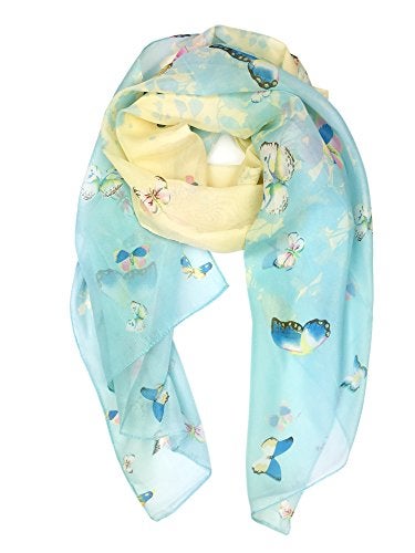 YOUR SMILE Lightweight Beach Accent Scarf Fashion Flower Print Shawl Head Wrap For Women For Spring Summer Season (Beige/Blue Butterfly) - Image 1