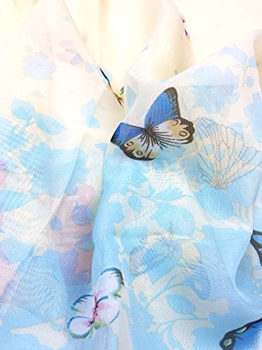 YOUR SMILE Lightweight Beach Accent Scarf Fashion Flower Print Shawl Head Wrap For Women For Spring Summer Season (Beige/Blue Butterfly) - Image 3