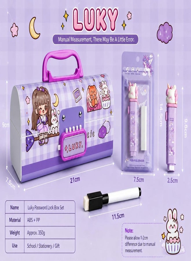 Invite Enterprise Invite New Cartoon Theme Pencil Box with Push Pull Eraser Set for Kids | Suitcase Style Password Lock Stationery Organizer | School Supplies Gift Combo for Boys & Girls (Lucky Purple + Eraser) - Image 3
