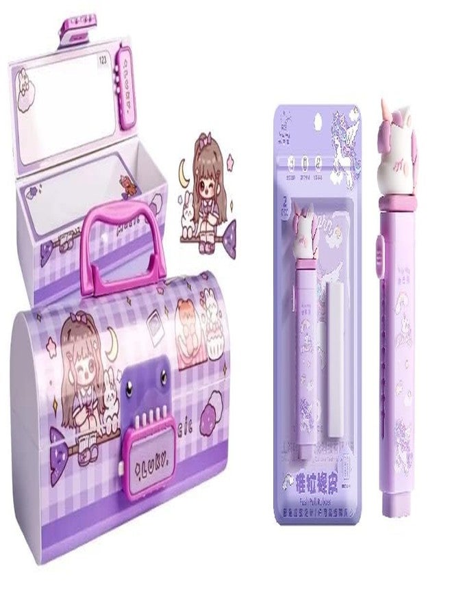 Invite Enterprise Invite New Cartoon Theme Pencil Box with Push Pull Eraser Set for Kids | Suitcase Style Password Lock Stationery Organizer | School Supplies Gift Combo for Boys & Girls (Lucky Purple + Eraser) - Image 1