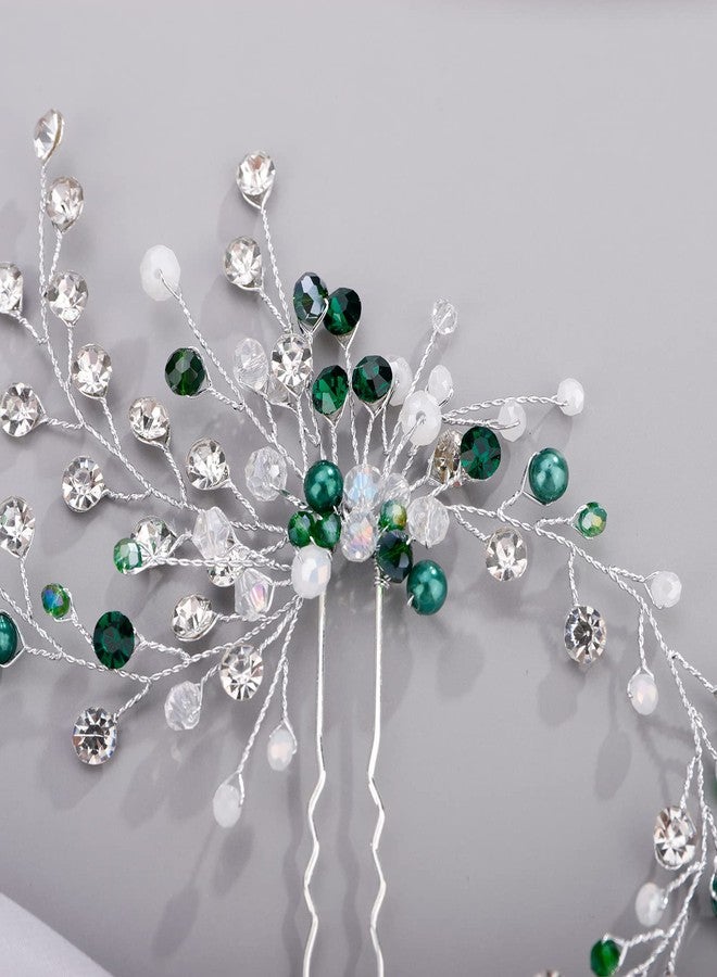 BERYUAN Green Rhinestone and Pearl Hair Pins - Crystal Wedding Accessory for Women, Silver Hair Accessory - Image 3