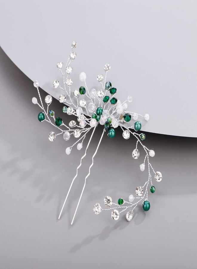BERYUAN Green Rhinestone and Pearl Hair Pins - Crystal Wedding Accessory for Women, Silver Hair Accessory - Image 1