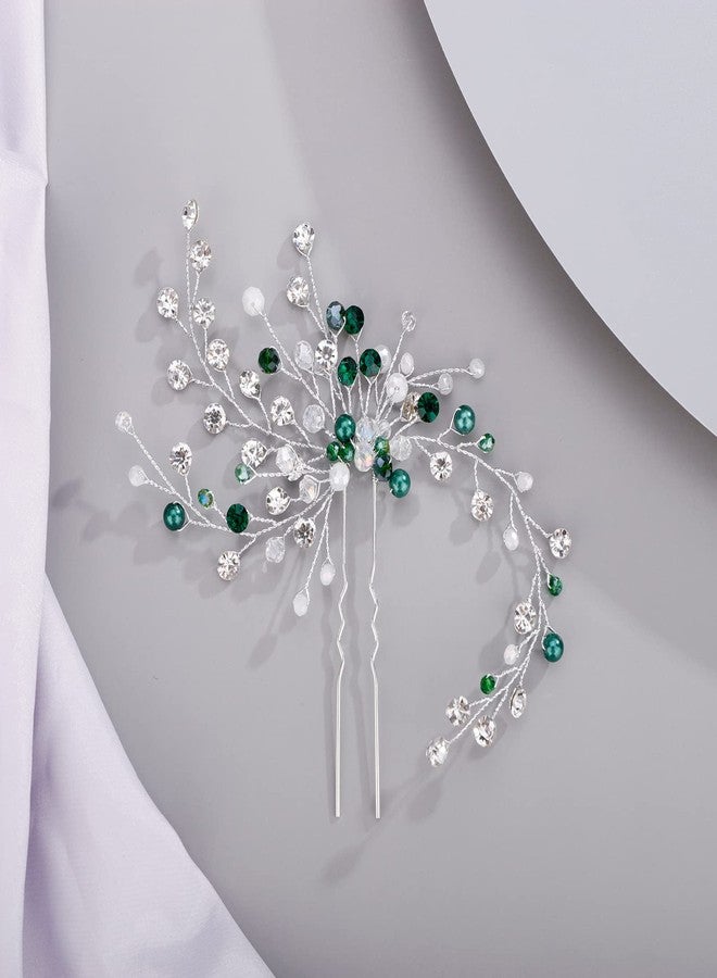 BERYUAN Green Rhinestone and Pearl Hair Pins - Crystal Wedding Accessory for Women, Silver Hair Accessory - Image 5