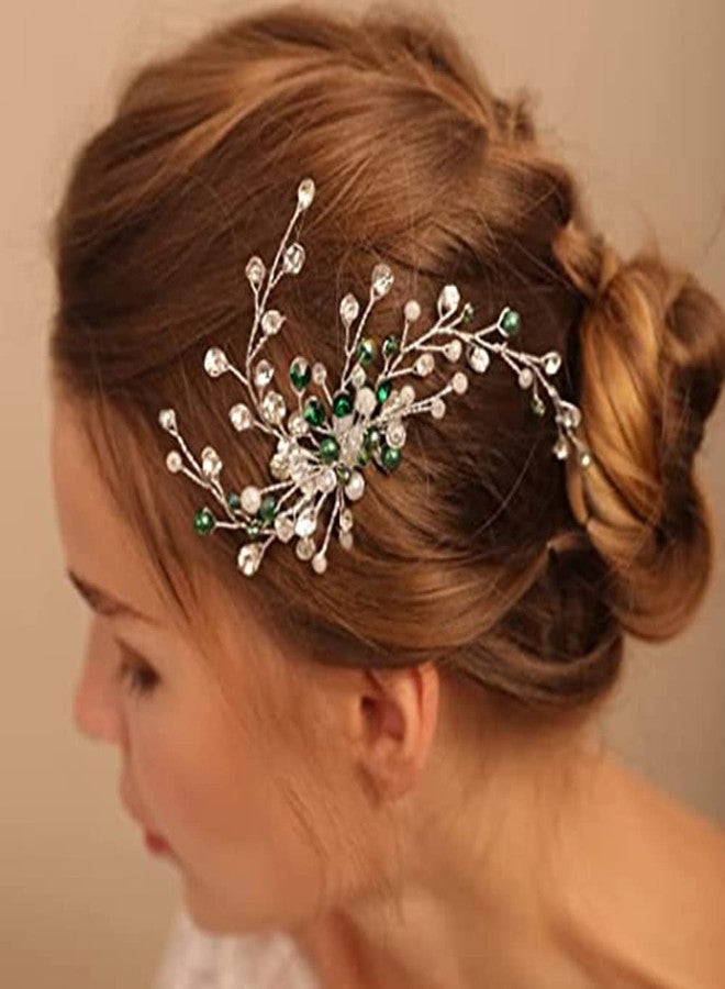 BERYUAN Green Rhinestone and Pearl Hair Pins - Crystal Wedding Accessory for Women, Silver Hair Accessory - Image 4
