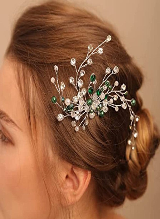 BERYUAN Green Rhinestone and Pearl Hair Pins - Crystal Wedding Accessory for Women, Silver Hair Accessory - Image 2