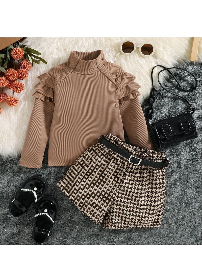 3 PCS Toddler Polyester Ruffle‑Shoulder Top, Houndstooth Shorts & Black Belt Set for Baby Girl, 2–3 Y Fit Height 100 cm, Summer & Autumn Outfit, Perfect for Birthday, Photoshoots, Family Gatherings, Outdoor Play  - Image 3