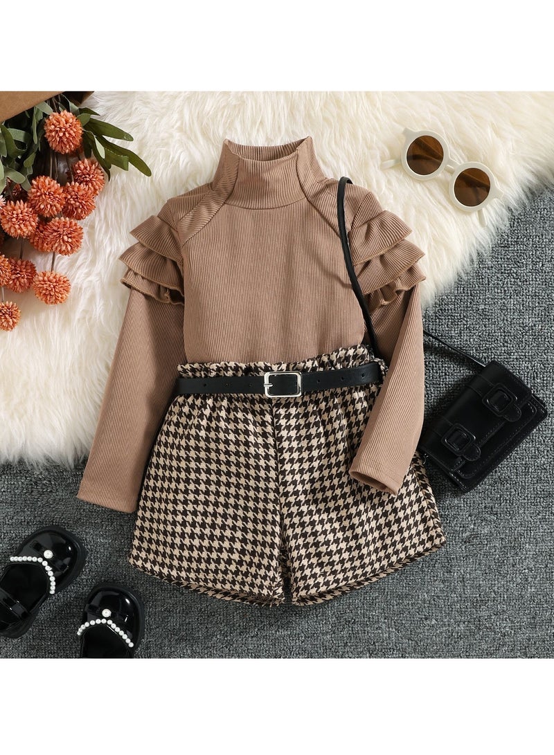 3 PCS Toddler Polyester Ruffle‑Shoulder Top, Houndstooth Shorts & Black Belt Set for Baby Girl, 2–3 Y Fit Height 100 cm, Summer & Autumn Outfit, Perfect for Birthday, Photoshoots, Family Gatherings, Outdoor Play  - Image 1