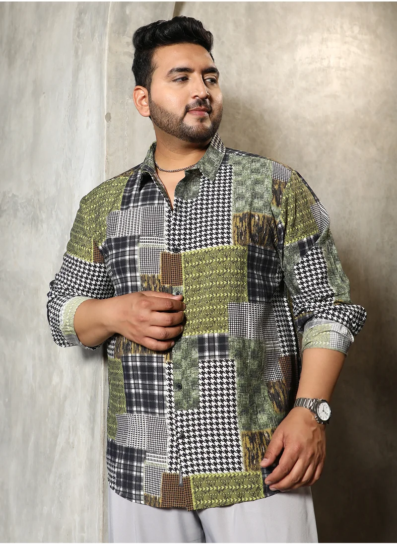 انستافاب بلس Instafab Plus Men's Olive Green Houndstooth Block Shirt For Casual Wear | Spread Collar | Long Cuffed Sleeves | Button Closure | Plus Size Shirt Crafted With Comfort Fit For Everyday Wear